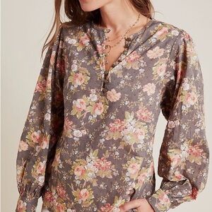 by Anthropologie Michaela Peasant Floral Peasant Cottagecore Gray Peach Blouse